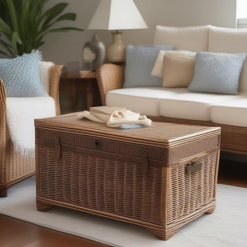 Wicker chest storage trunk in a living room setting, showcasing its versatility and aesthetic appeal.