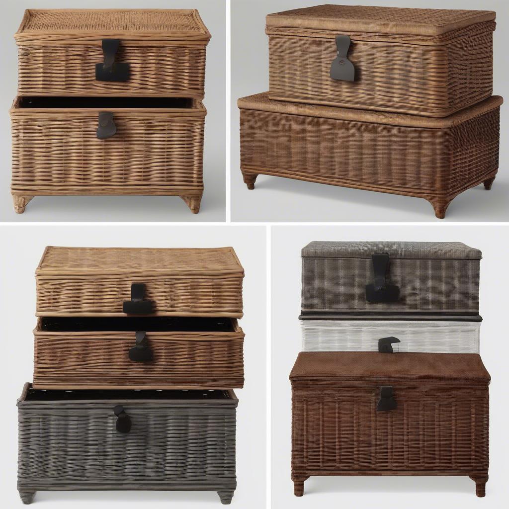 Different styles of wicker chests, showcasing a range of colors, sizes, and designs.