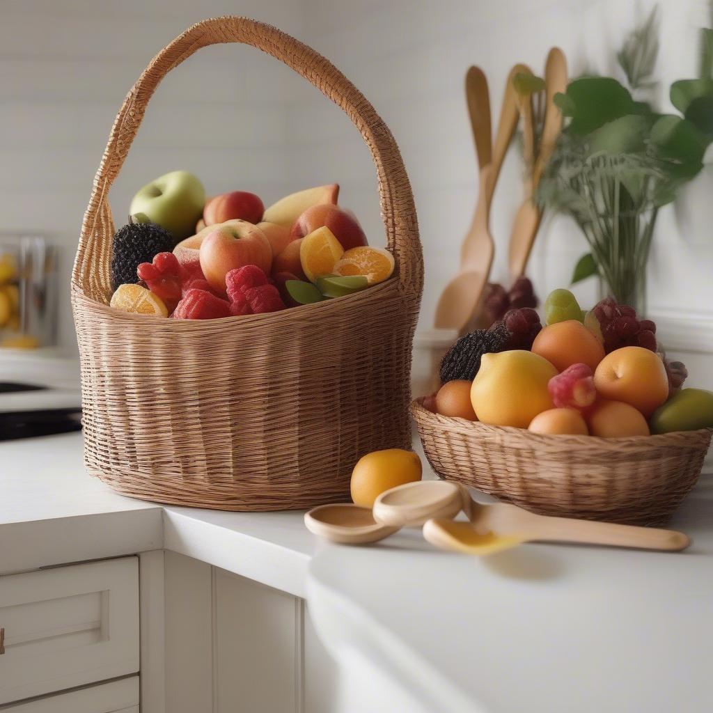 A wicker chip basket filled with fruit and another used as a storage container for kitchen utensils.