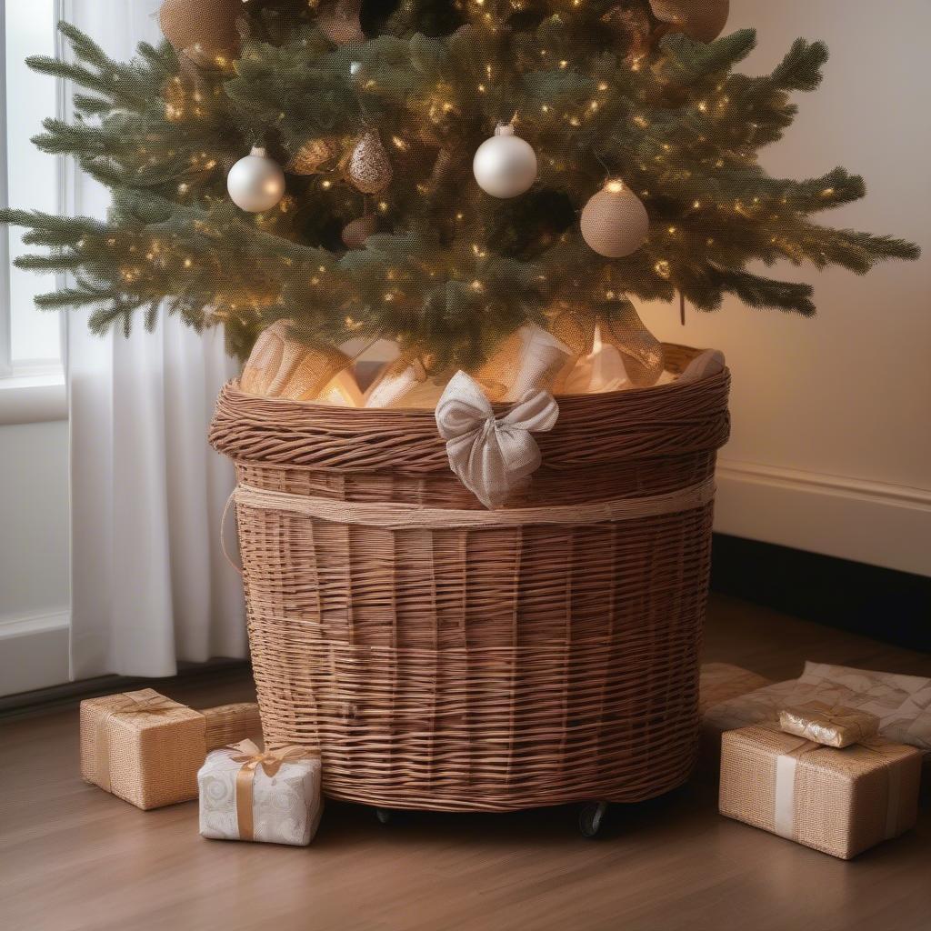 Wicker Christmas Tree Holder with a Real Tree