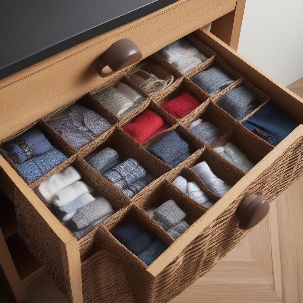 Wicker Clothes Drawer Storage Ideas: Different styles and sizes of wicker storage compartments inside drawers, showcasing organization and aesthetic appeal.