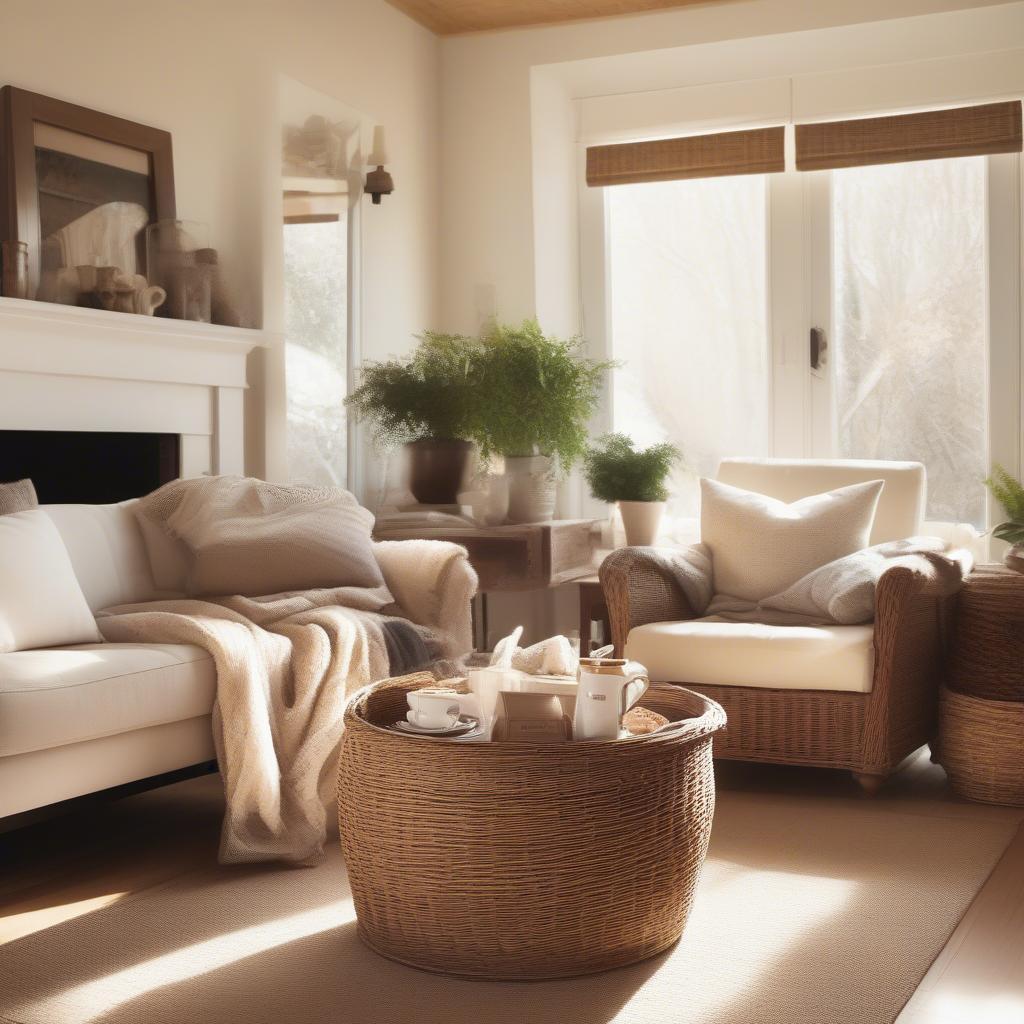 Wicker coffee table with basket storage in a cozy living room setting