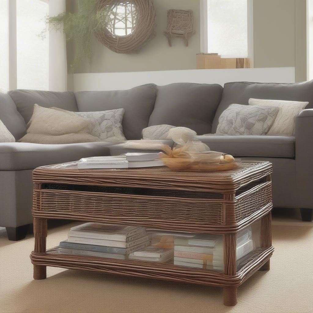 Wicker coffee table storage ideas showcasing different styles and sizes in various living room settings.