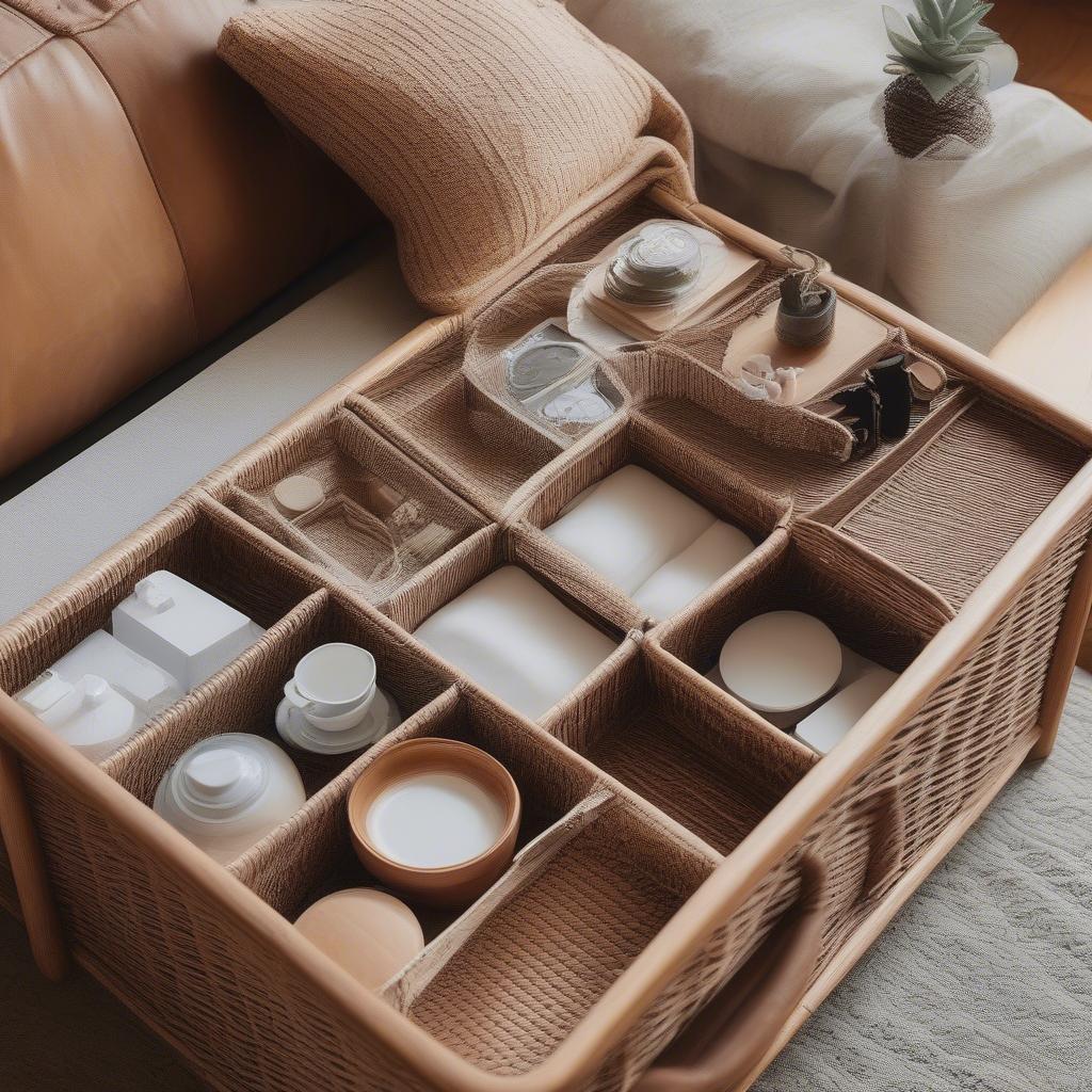 Creative storage ideas for a wicker coffee table, using baskets and organizers.