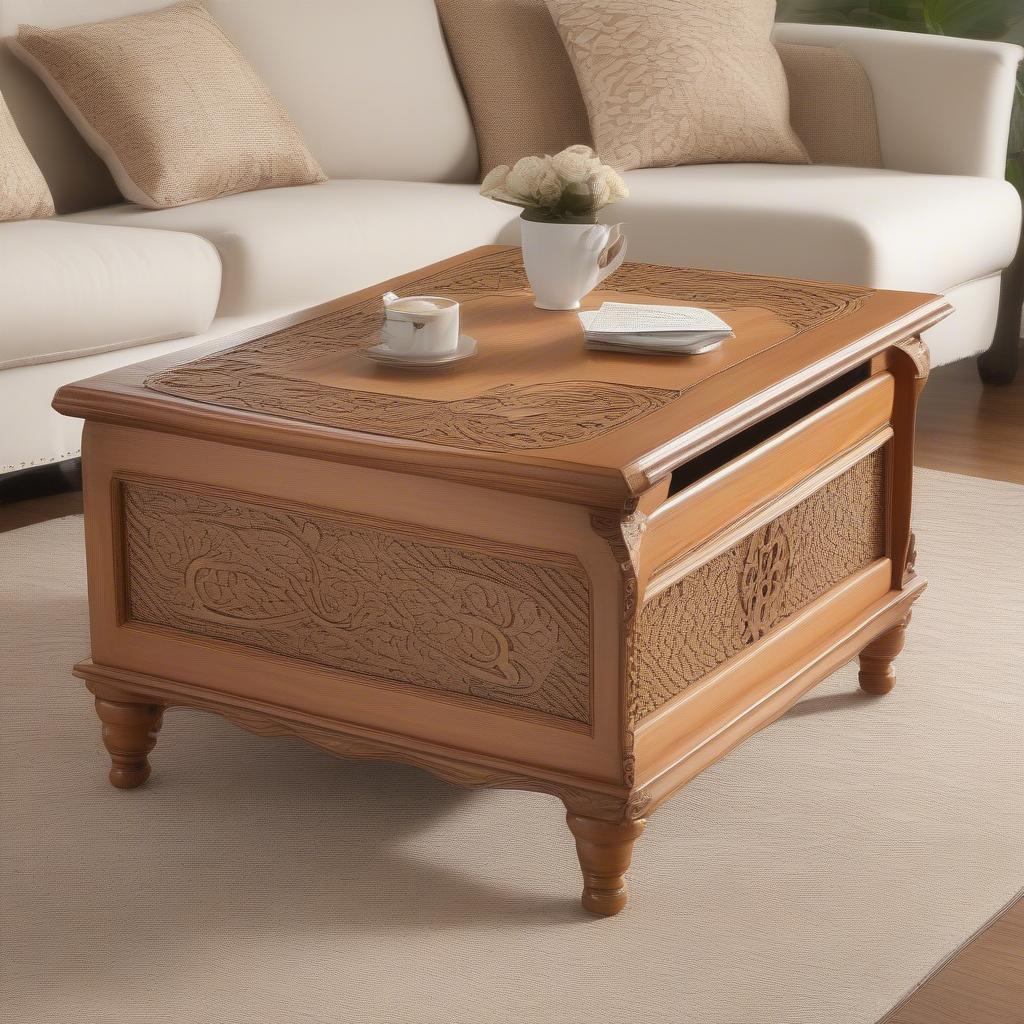 Wicker coffee table with storage featuring a floral scroll saw design on the wooden frame.