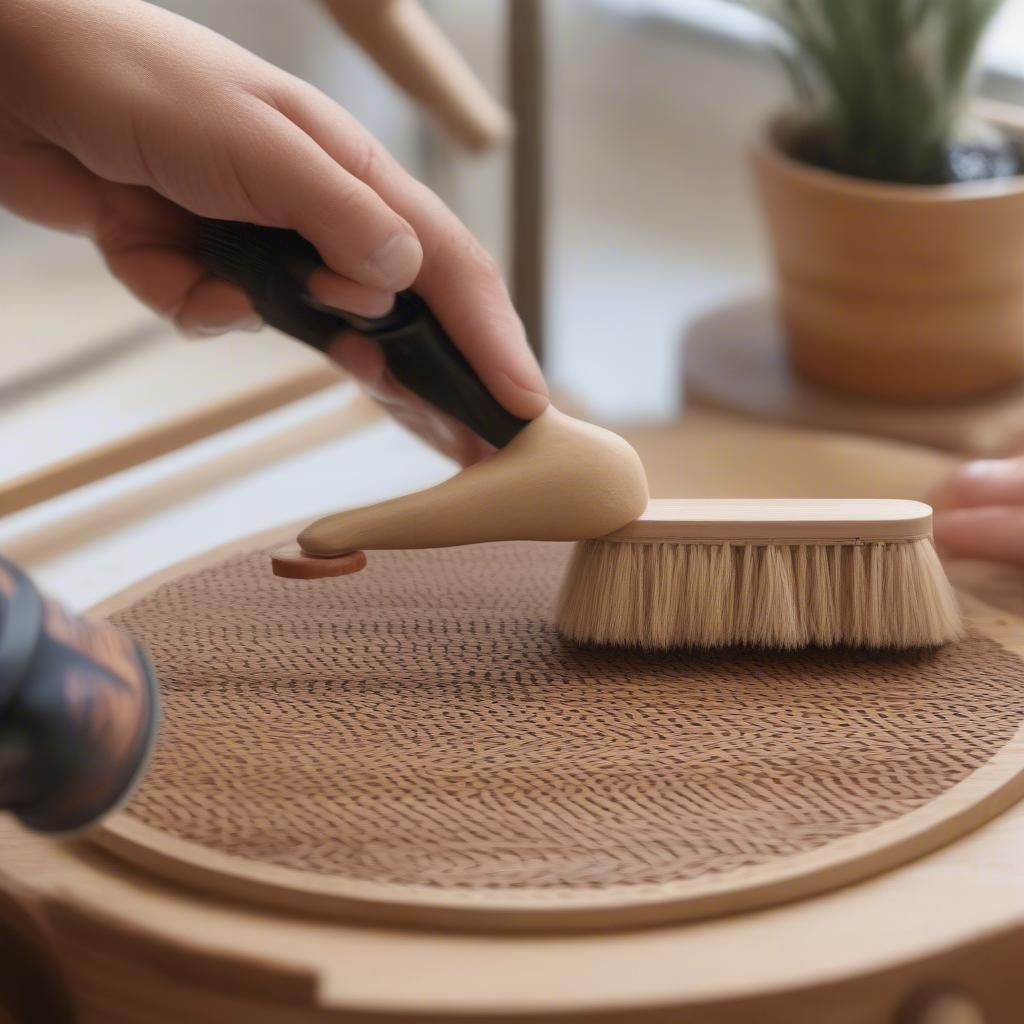 Cleaning and maintaining a wicker coffee table with a wooden frame featuring scroll saw designs.