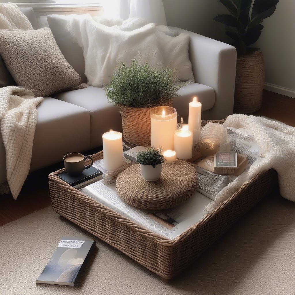 A beautifully styled living room featuring a coffee table with wicker storage baskets, showcasing the use of decorative accessories and textiles.