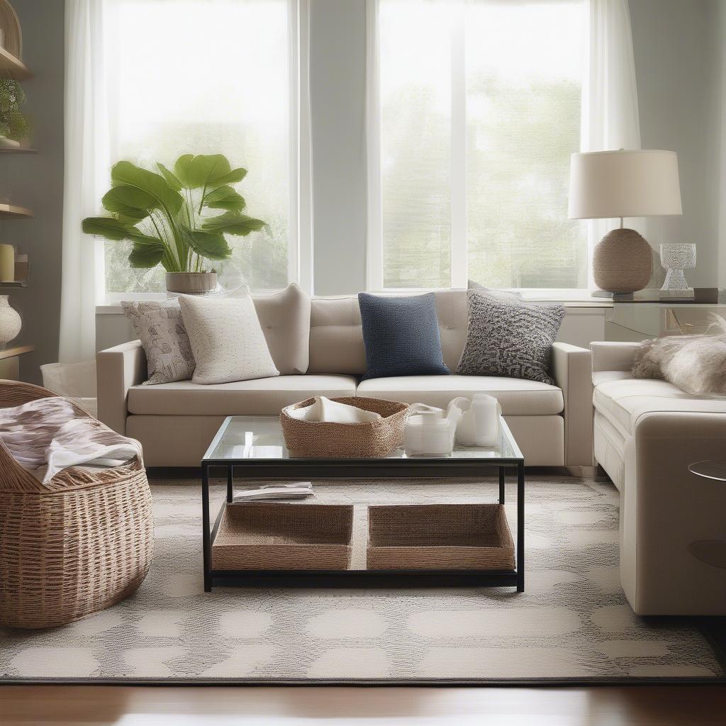 Wicker coffee table with storage baskets in a modern living room setting, showcasing its stylish design and practicality.