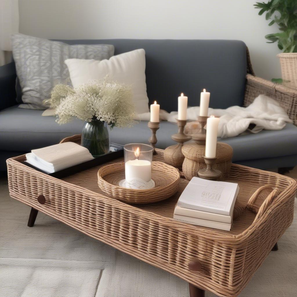 Wicker coffee table with storage and décor items