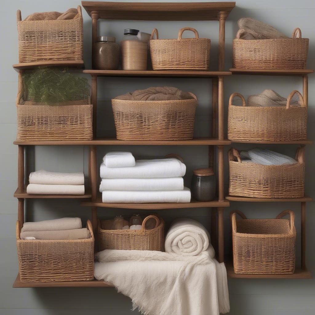 Wicker corner basket storage ideas for various rooms, showcasing different sizes, shapes, and styles.