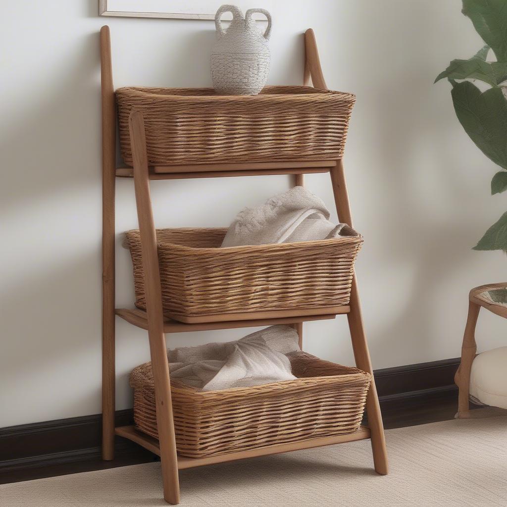 Close-up of Wicker Corner Basket Storage Ladder