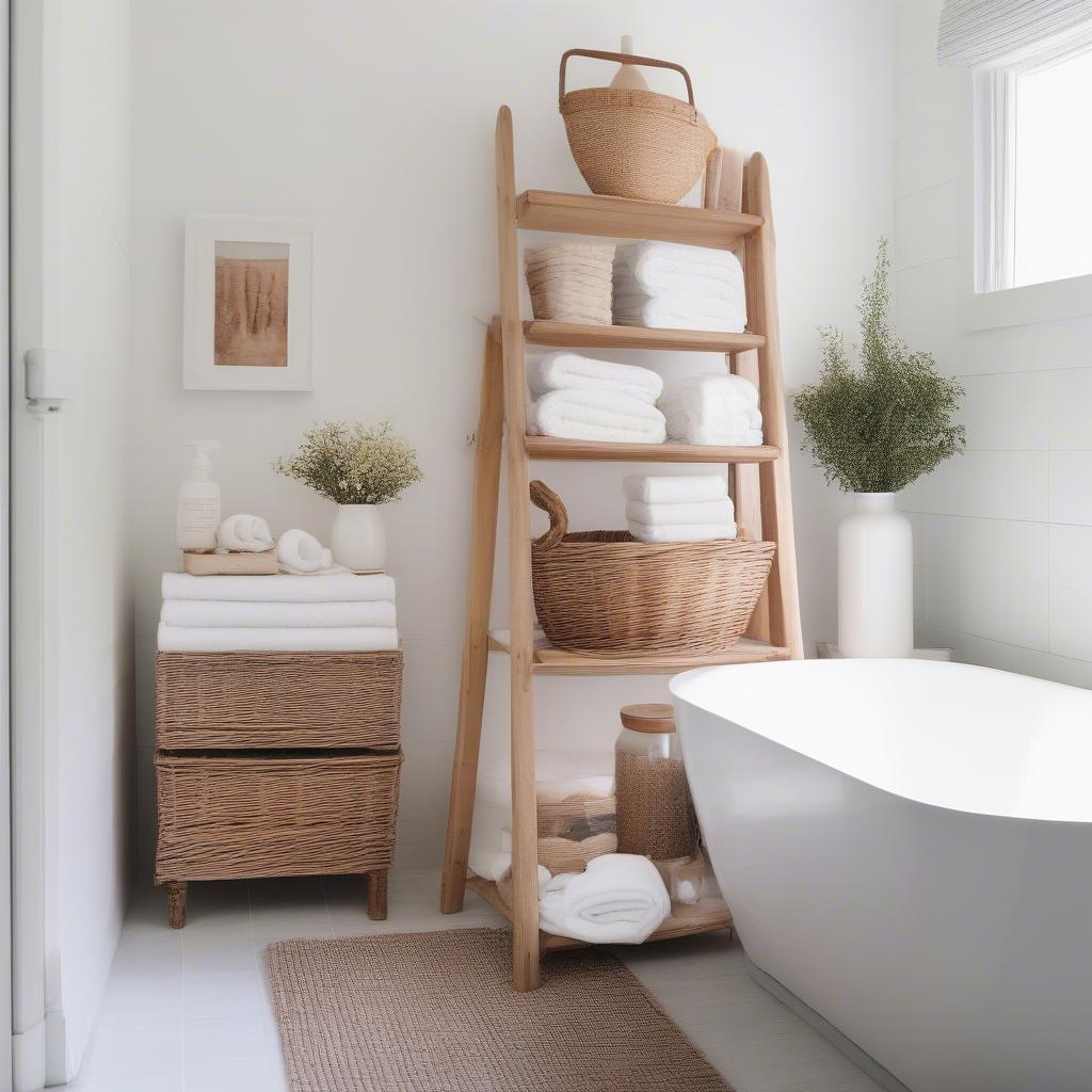 Wicker Corner Basket Storage Ladder in Bathroom