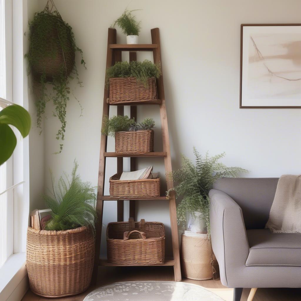 Wicker Corner Basket Storage Ladder in Living Room