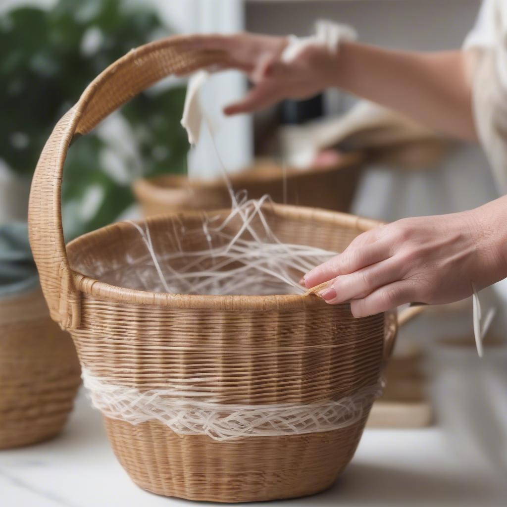 Demonstrates cleaning and maintaining wicker corner basket storage, showcasing tools and techniques for dusting, wiping spills, and repairing minor damage.