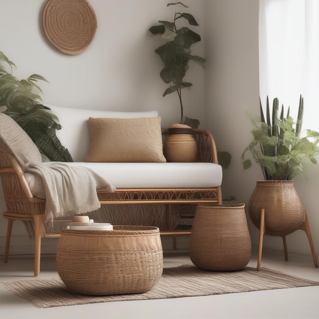 Wicker corner baskets styled in both modern and bohemian interior designs, showcasing different color palettes and complementary decor elements.