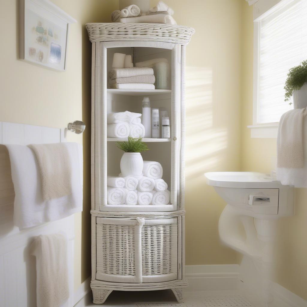 A wicker corner cabinet in a bathroom, storing towels and toiletries.