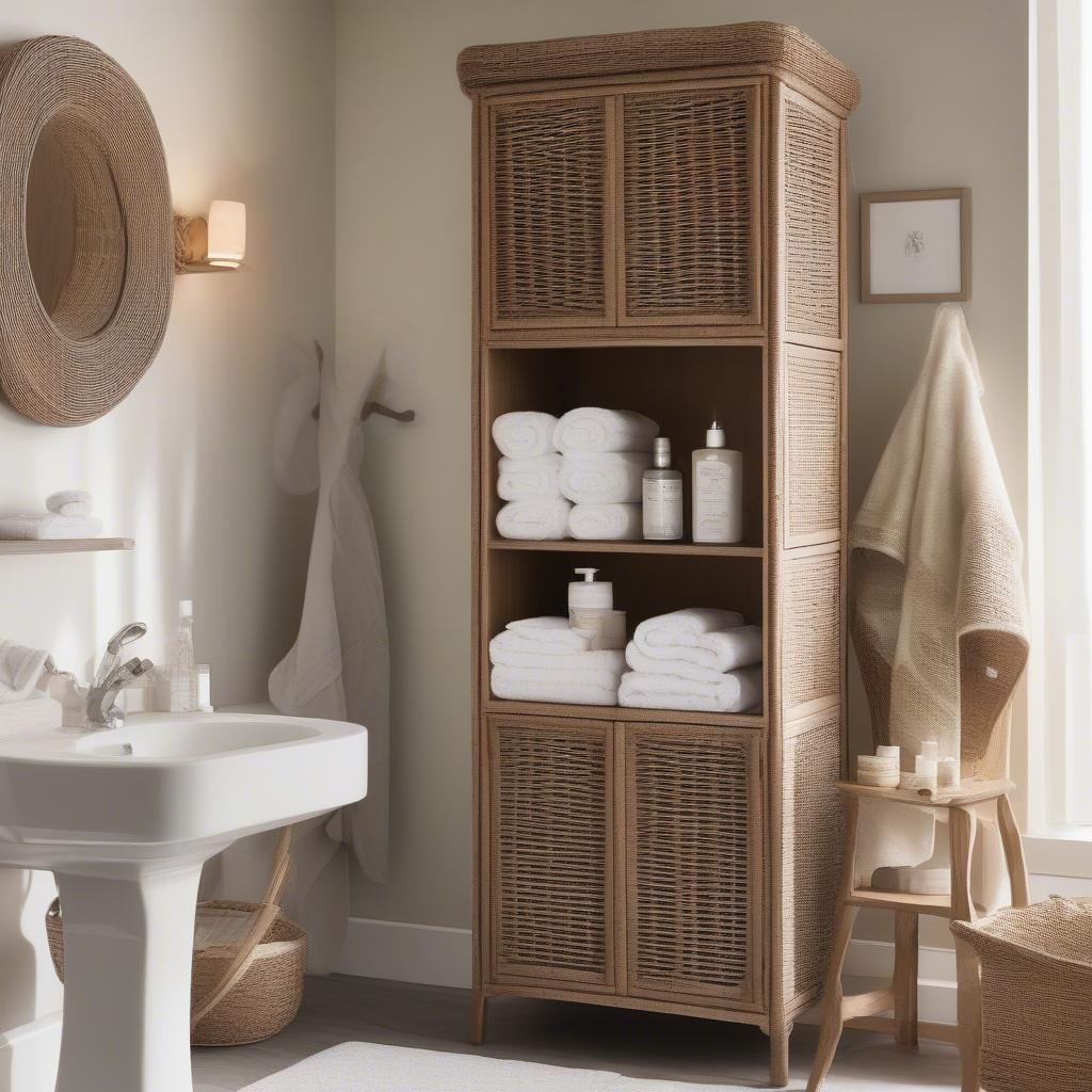 Wicker Corner Cabinet in a Bathroom Setting