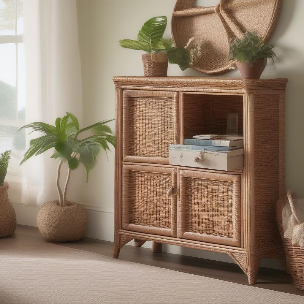 Wicker corner cabinet in a bedroom, showcasing its versatility and storage options.