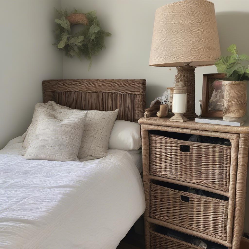 Wicker corner cabinet in a bedroom