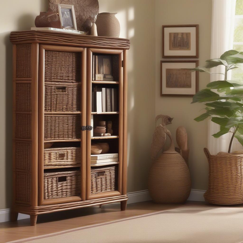 Wicker corner cabinet in a living room setting, showcasing its storage capabilities and aesthetic appeal.