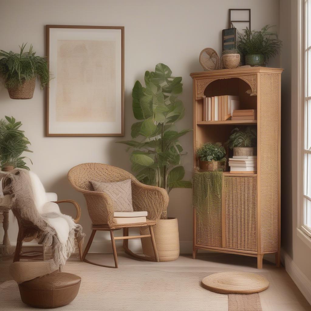 Wicker corner cabinet in a living room setting, showcasing its storage capacity and stylish design.