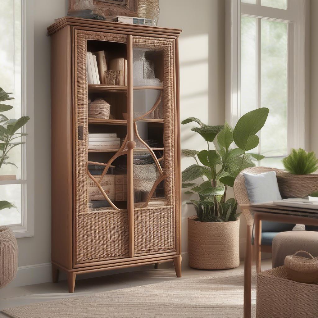 Wicker corner cabinet in a living room setting