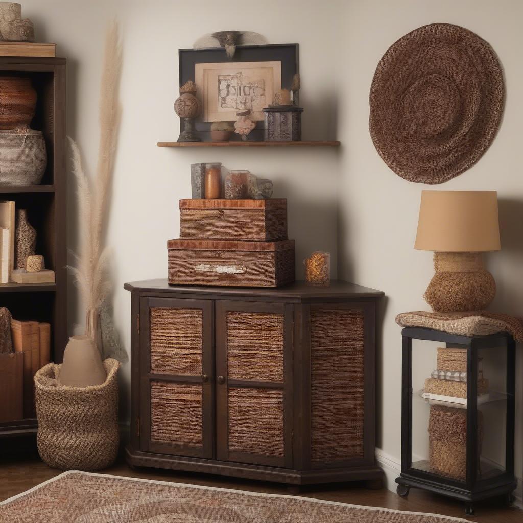 Wicker corner cabinet in a living room setting