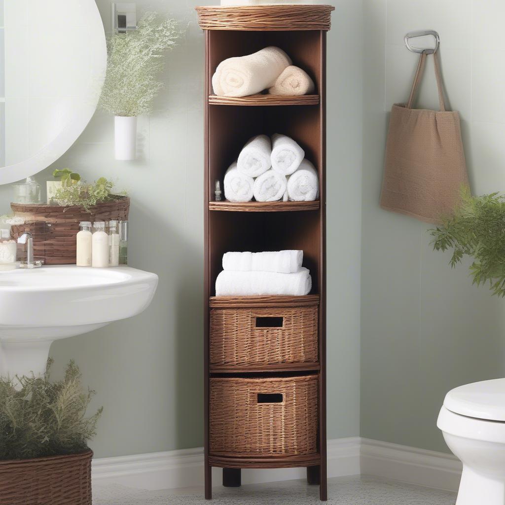 A compact wicker corner storage unit in a bathroom, perfect for storing towels and toiletries.