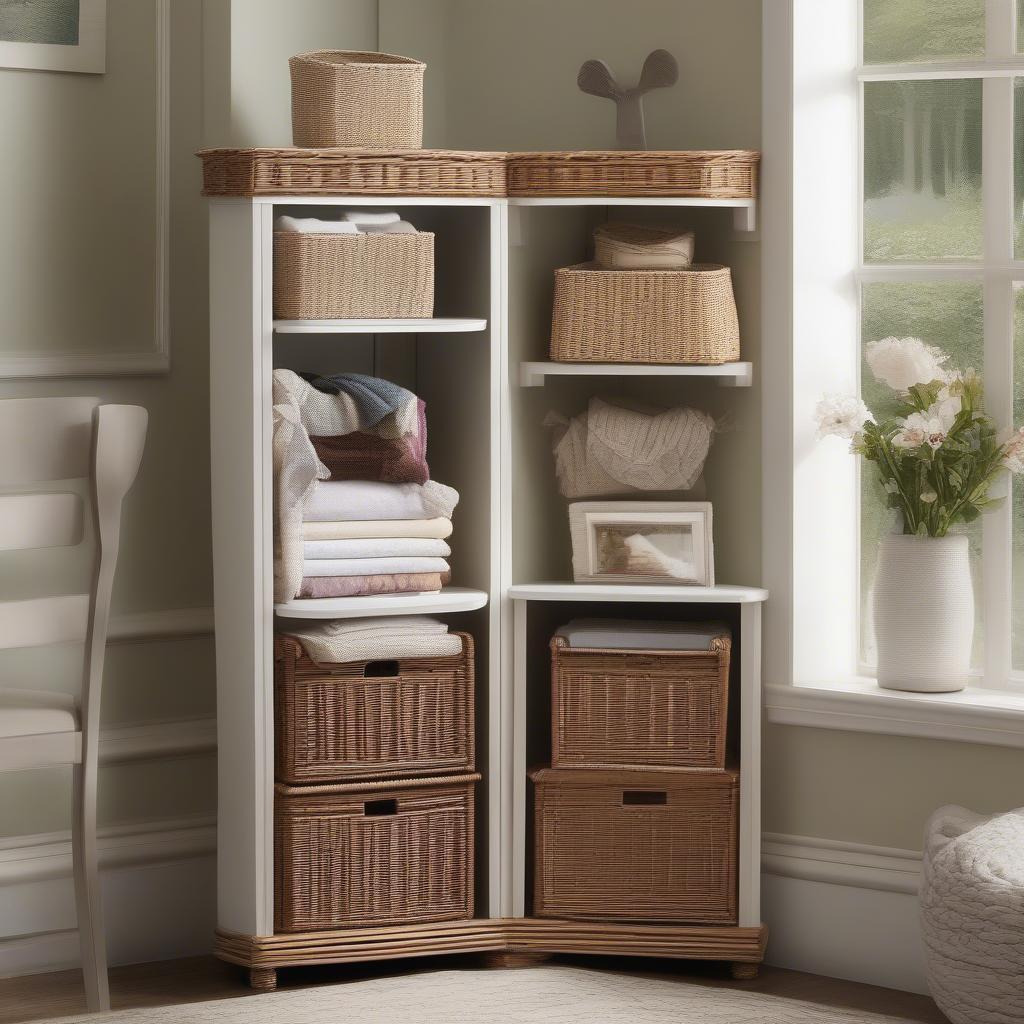 A stylish wicker corner storage unit in a bedroom, providing storage and adding a touch of elegance.