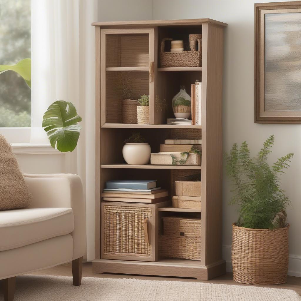 Wicker corner storage unit in a living room setting, showcasing its space-saving design and natural aesthetic.