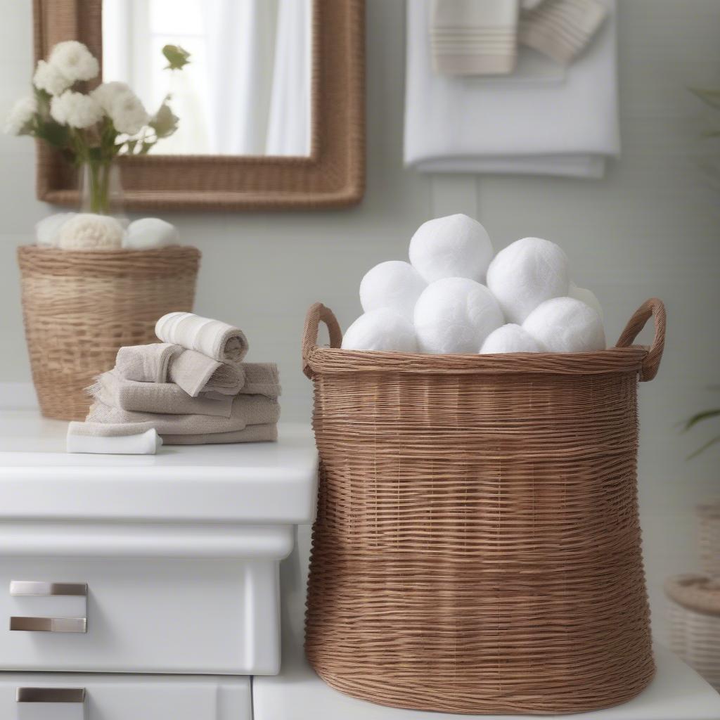 A wicker cotton ball holder placed in a stylish bathroom setting alongside other matching wicker accessories.