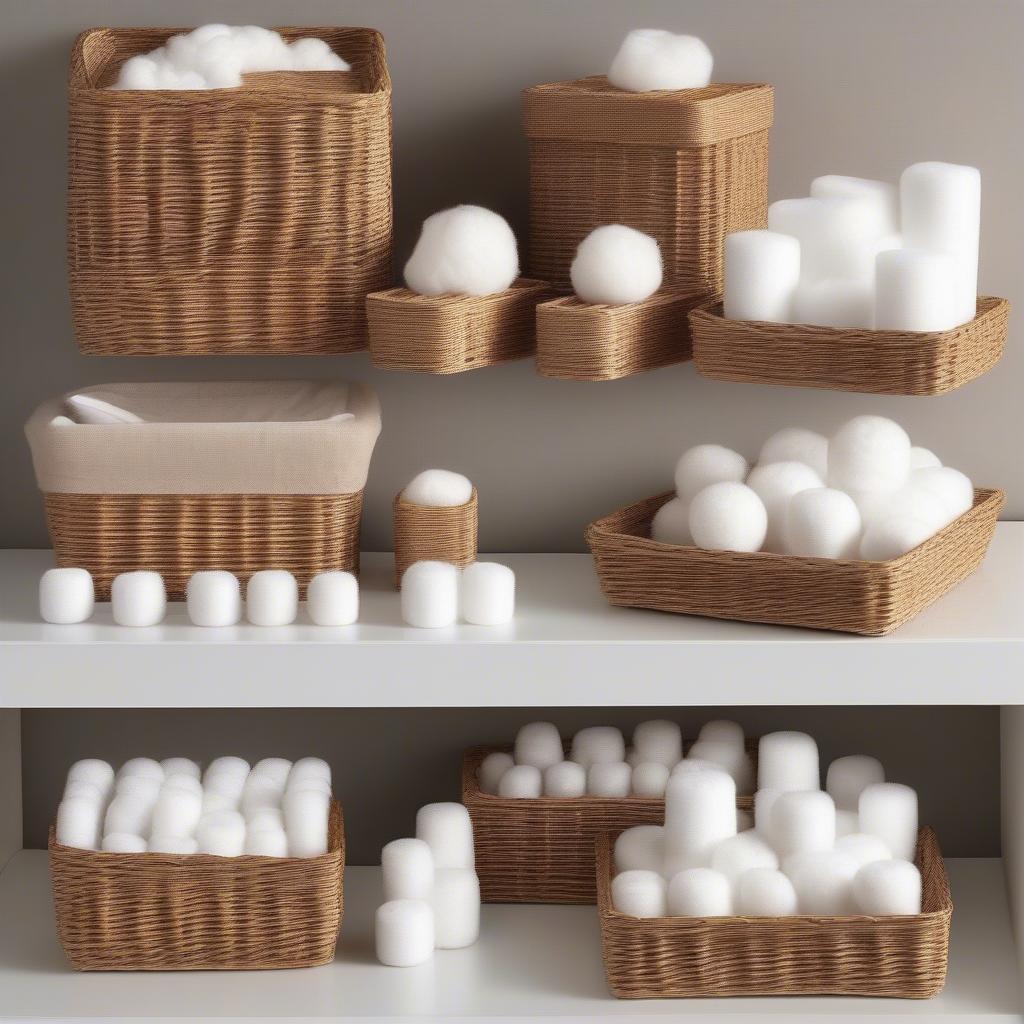 Different sizes of wicker cotton ball holders placed on bathroom vanities.