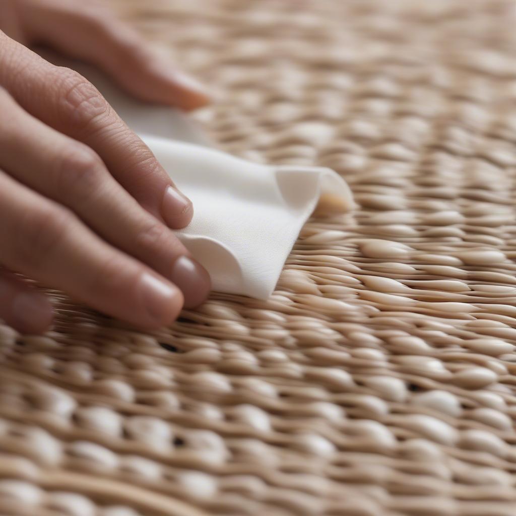 Cleaning a wicker cowrie shell placemat with a damp cloth, demonstrating the proper care and maintenance techniques.