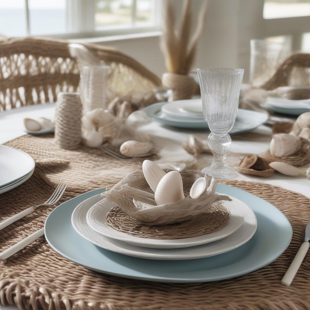 Wicker cowrie shell placemats beautifully arranged on a dining table with matching tableware and coastal decor, showcasing a complete and inviting table setting.