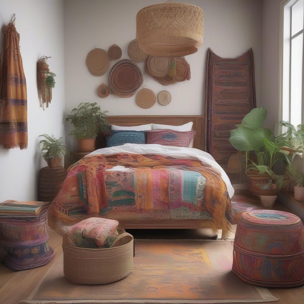 Wicker storage crates used in a bohemian style bedroom.