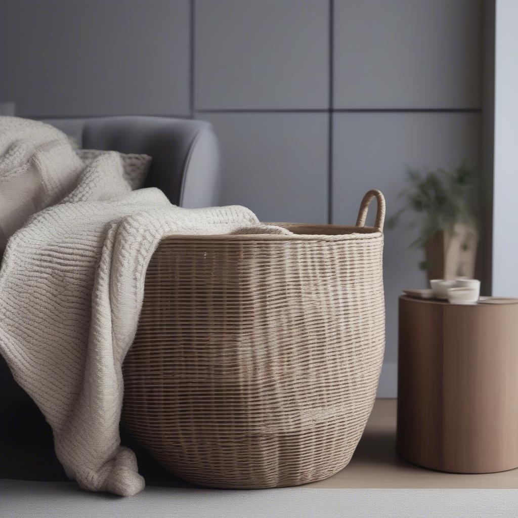 Wicker cube basket storage in a living room setting, showcasing its versatility and stylish design.