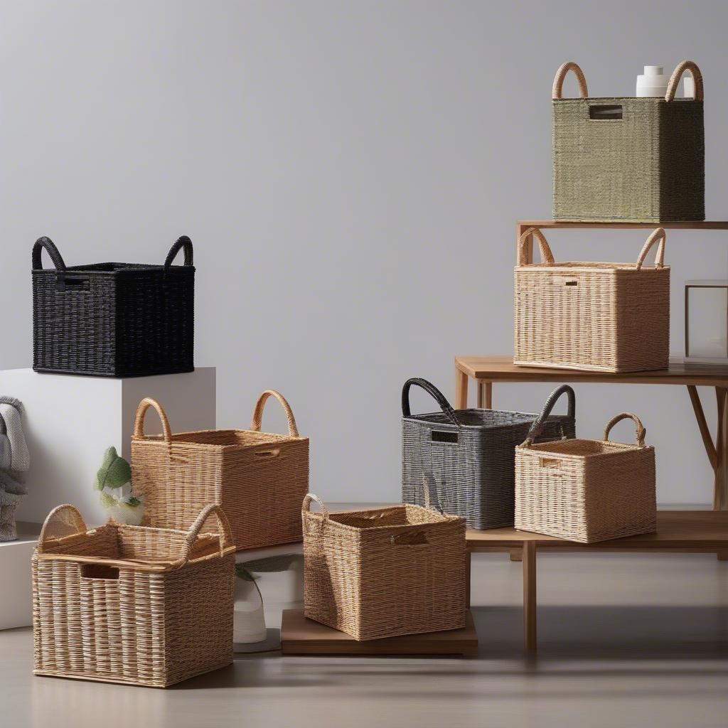 Various sizes and colors of wicker cube baskets showcasing the diversity available.