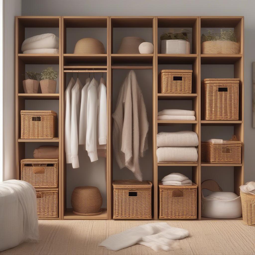 Wicker storage cubes used in a bedroom to organize clothes and accessories.