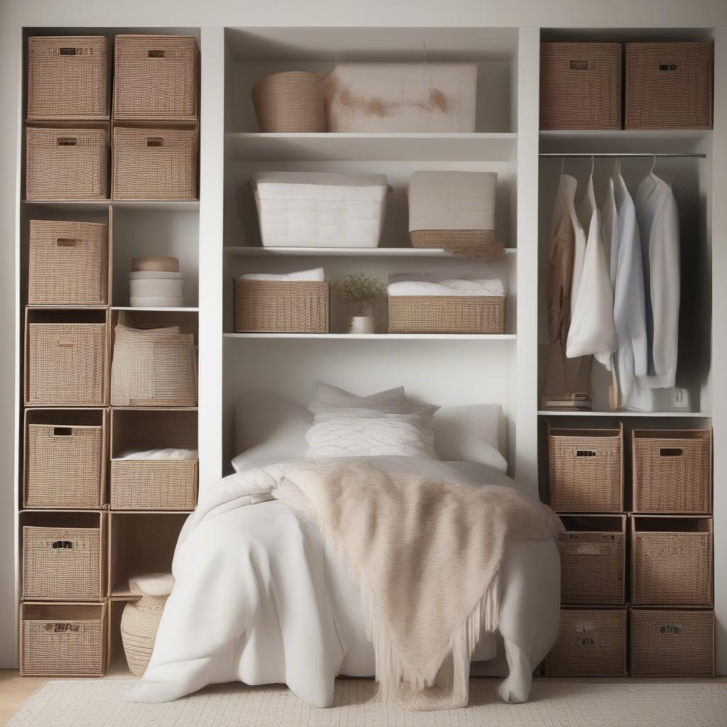 Wicker cube storage bins used for organizing clothes and accessories in a bedroom.