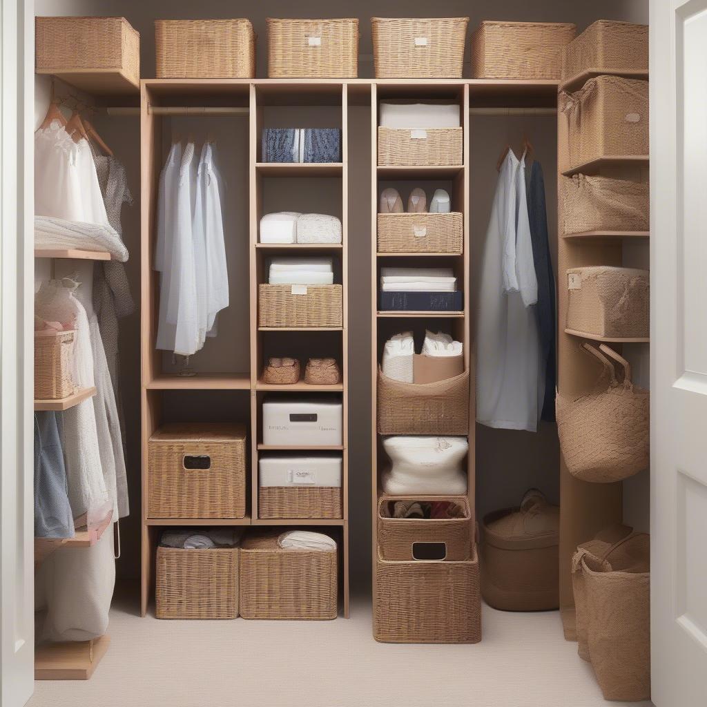 Wicker cube storage bins used to organize a closet, demonstrating their practicality and aesthetic value in a closet setting.