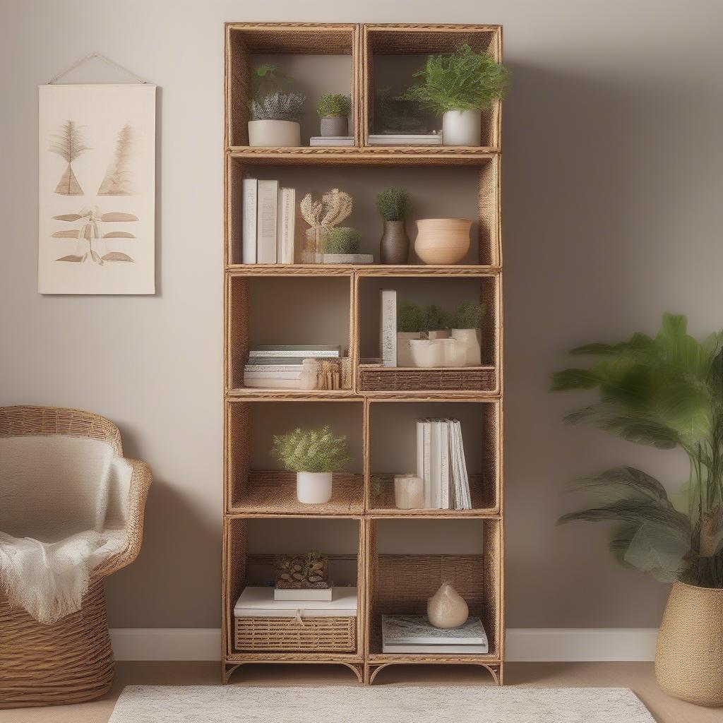 DIY shelving unit made from stacked 11x11 wicker storage cubes