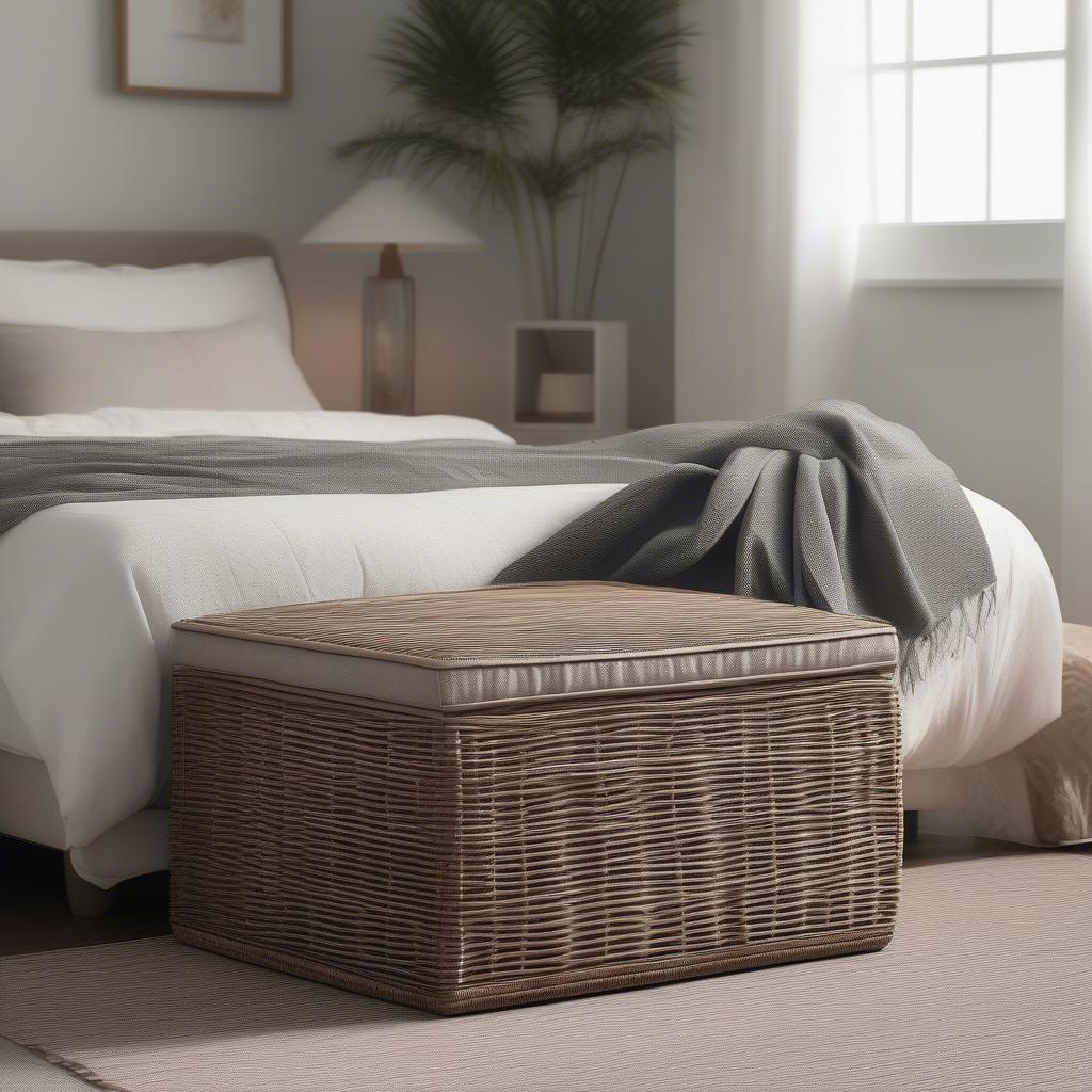 Wicker cube ottoman used for blanket storage in a bedroom.