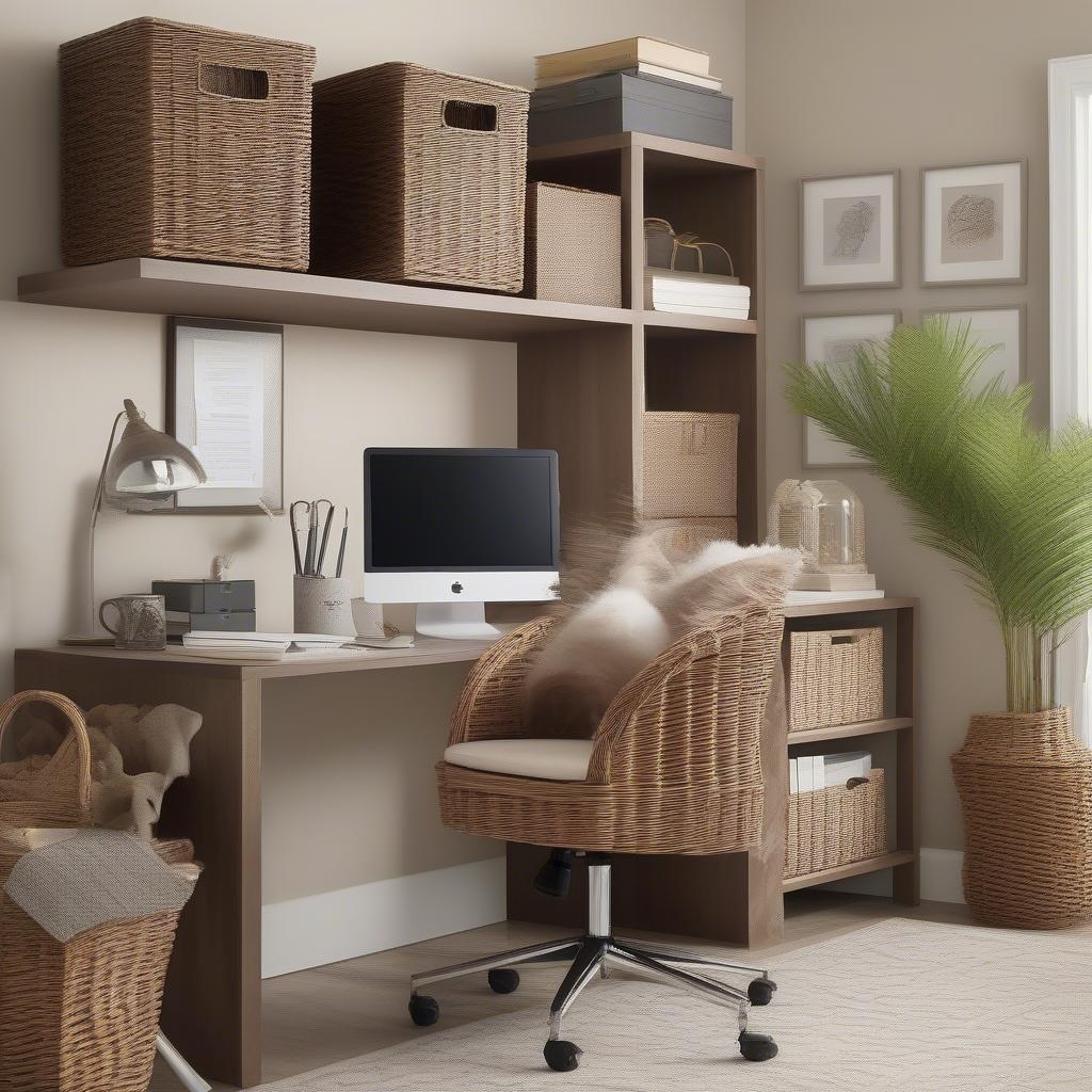 Wicker cube storage baskets used to organize a home office space.