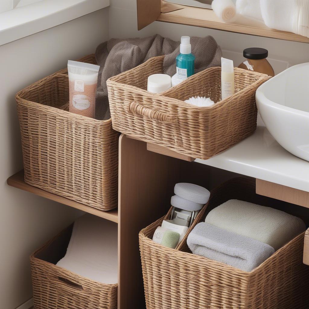 Wicker cube storage boxes used to organize towels and toiletries in a bathroom setting.