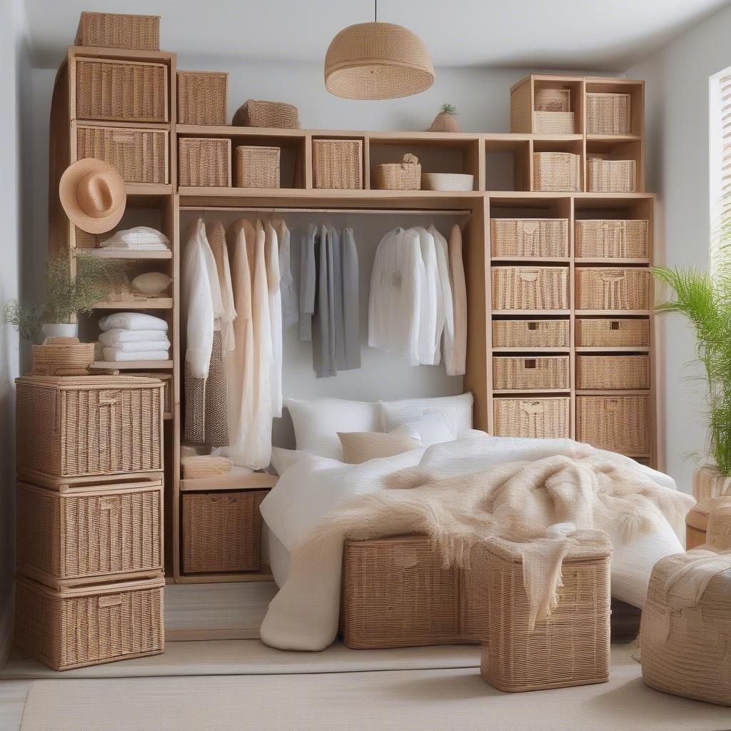 Wicker cube storage used as a bedside table and storage solution in a bedroom.