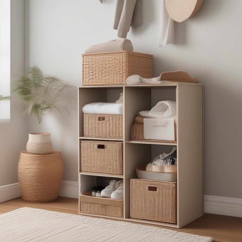 Wicker cube storage unit used for bedroom organization, showcasing its ability to store clothes, shoes, and accessories.