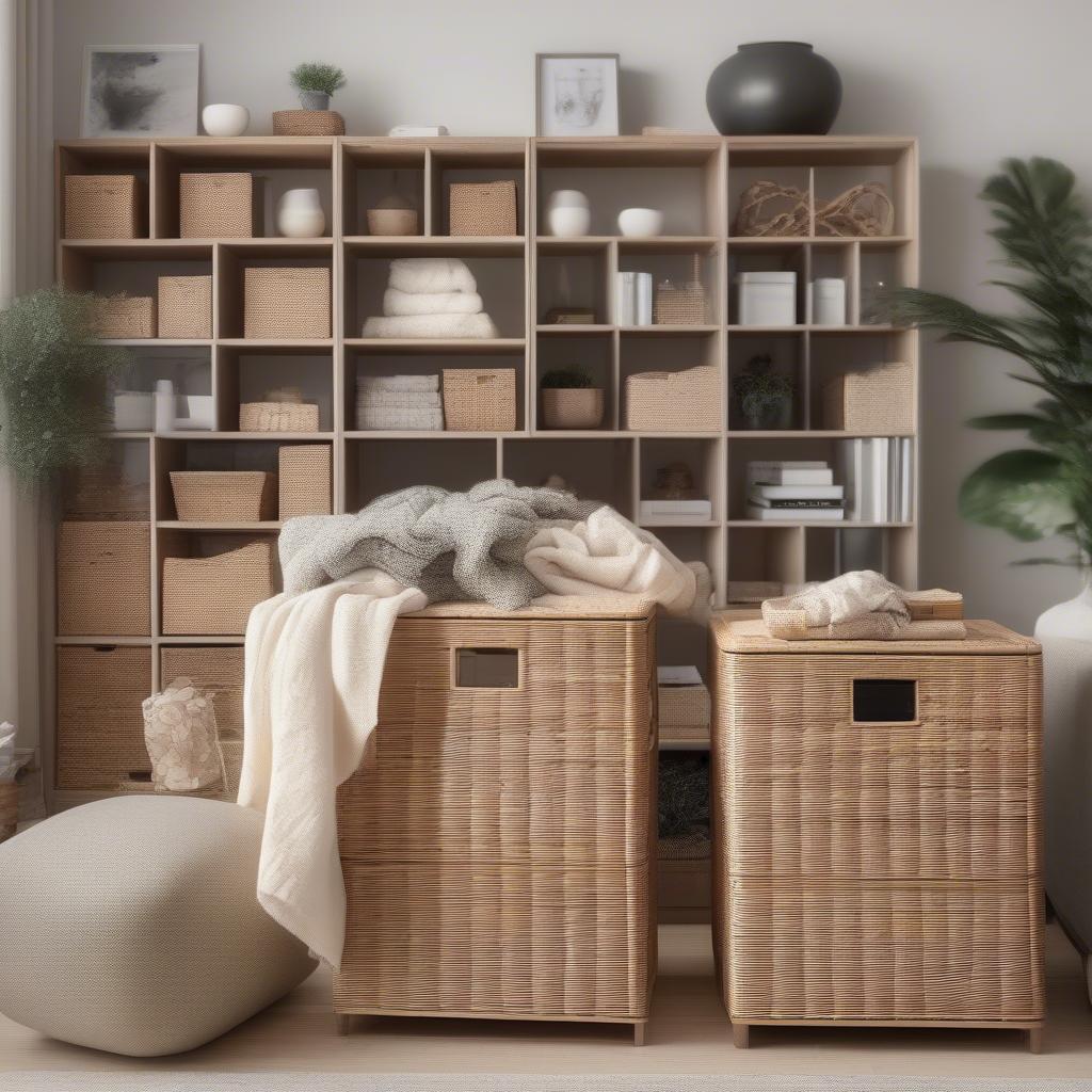 Wicker cube storage bins used as a stylish storage solution in a living room setting, complementing the IKEA furniture.