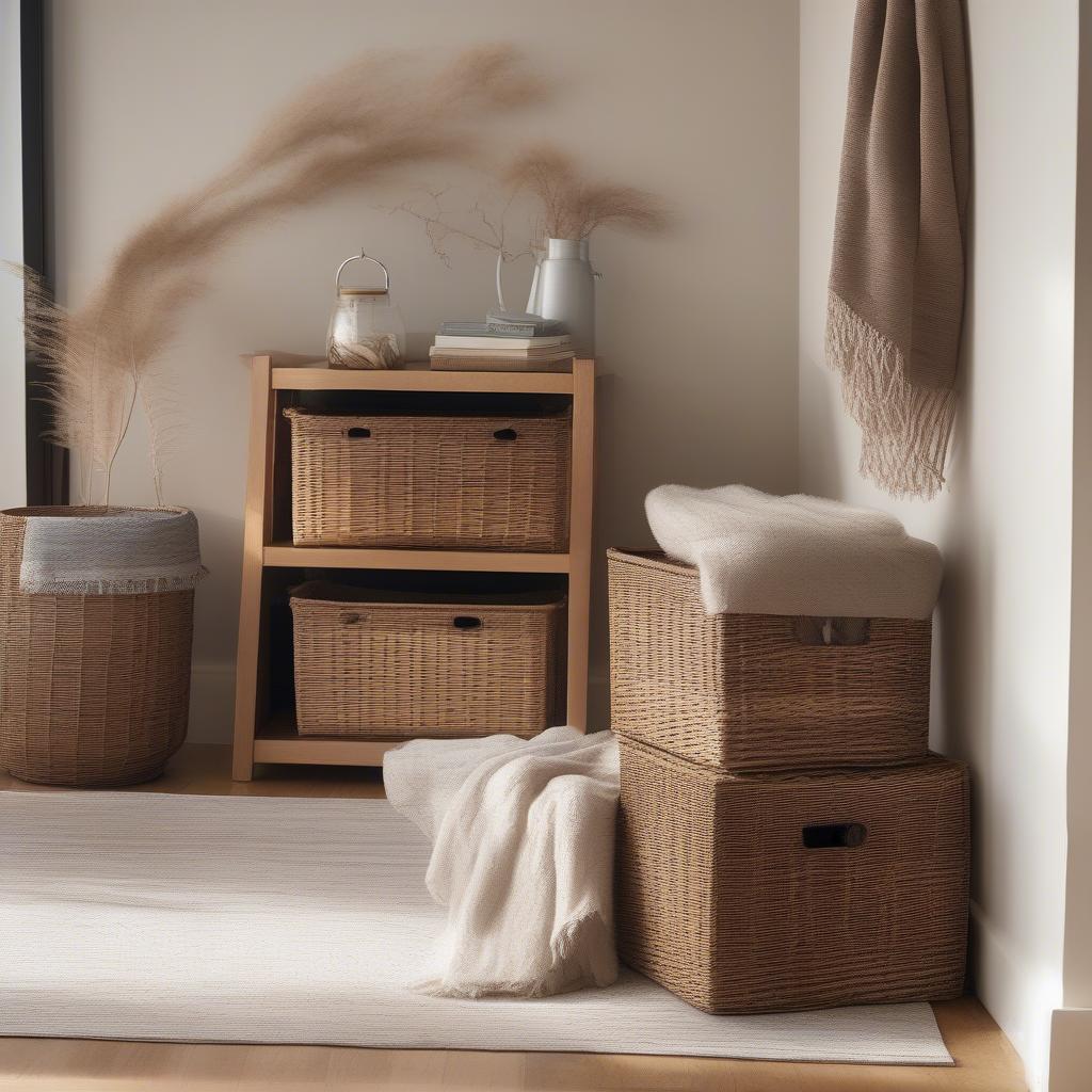 Wicker cube storage bins seamlessly integrated into a living room setting.