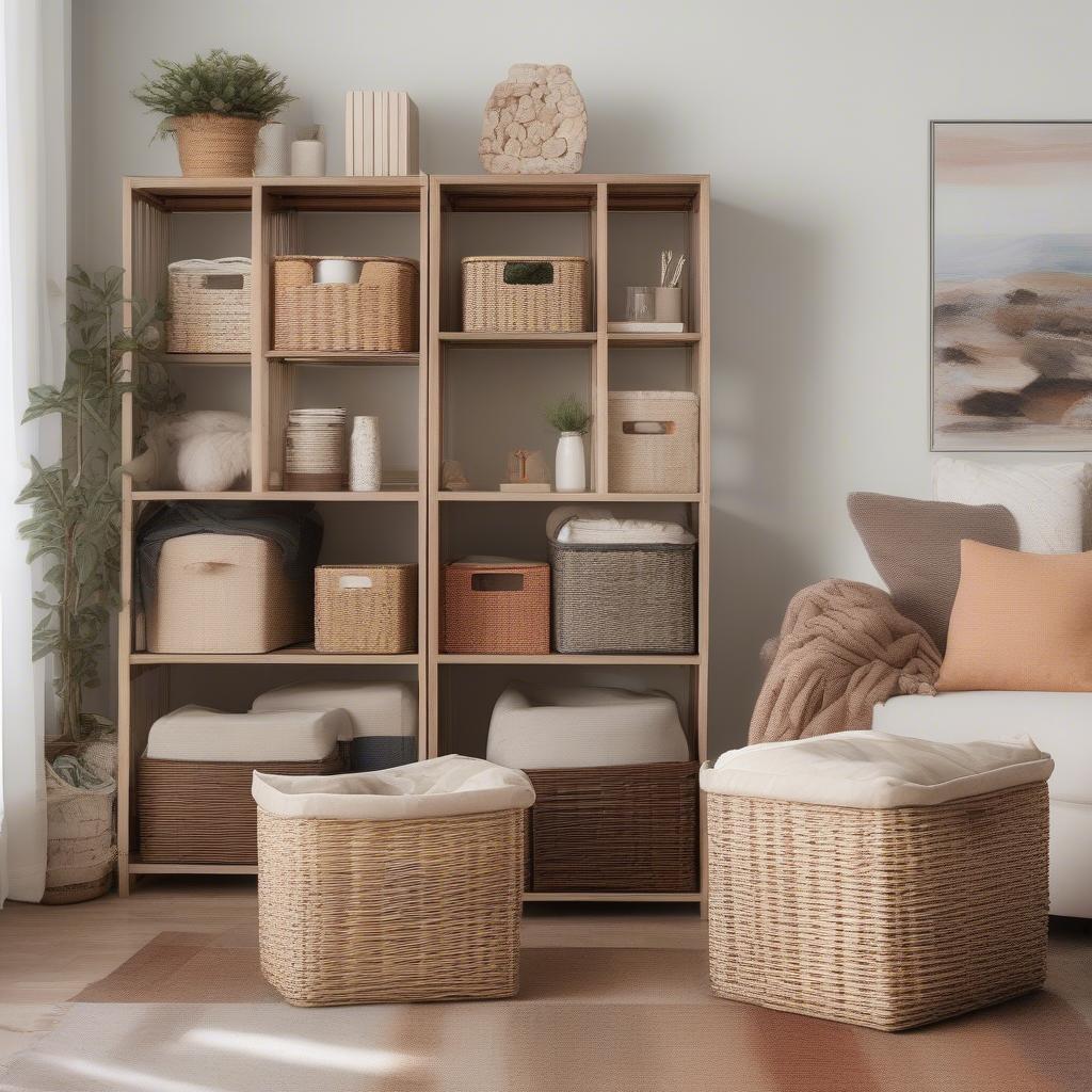 Wicker Cube Storage Bins in a Living Room Setting