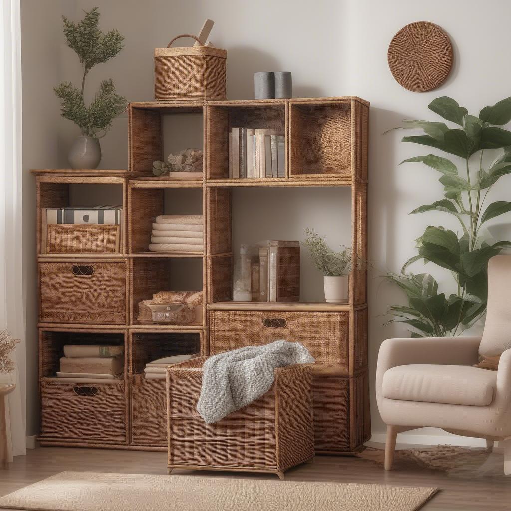 Wicker cube storage boxes used as a stylish and practical storage solution in a living room setting.